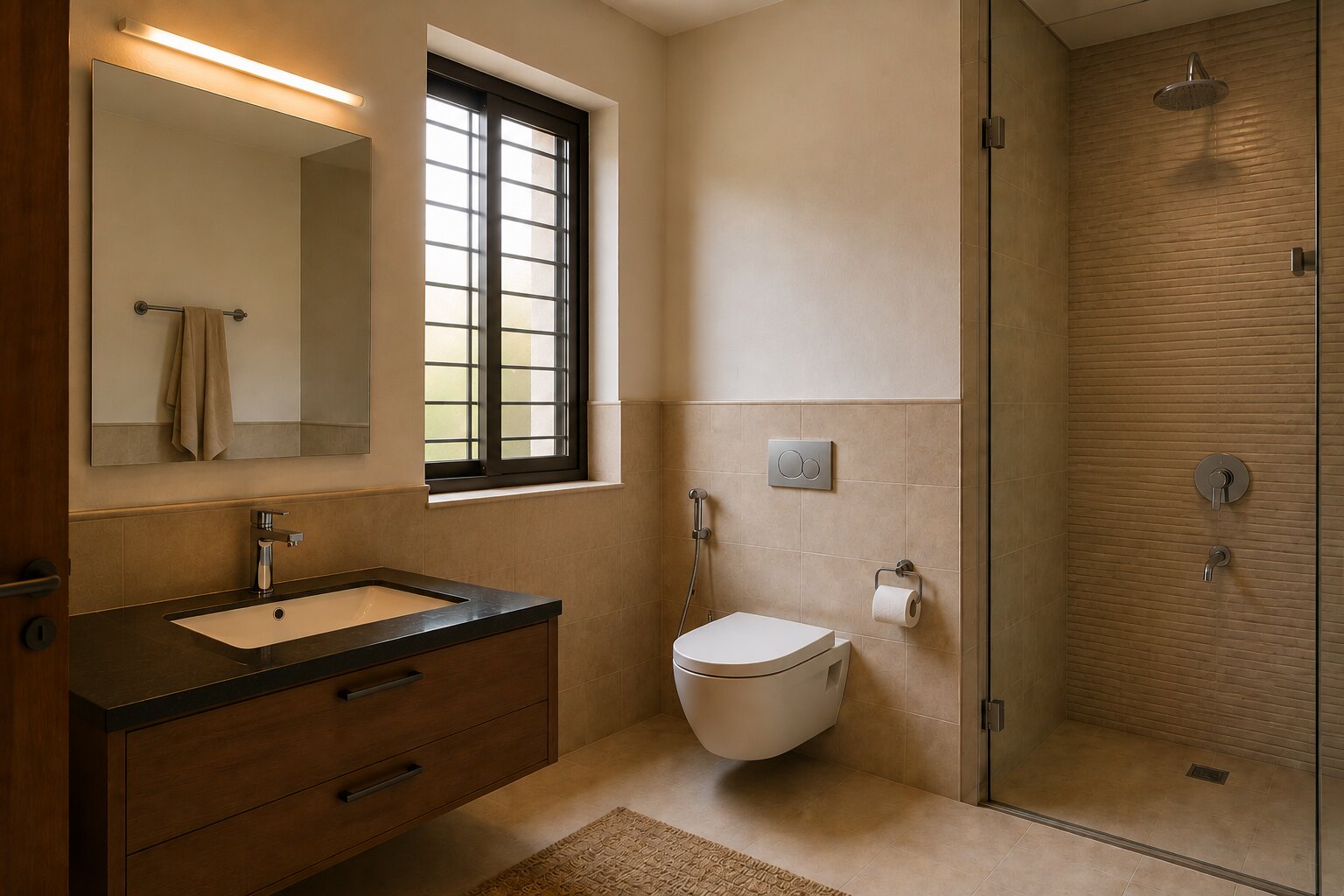 A clean, well-ventilated bathroom, illustrating Vastu placement and remedies