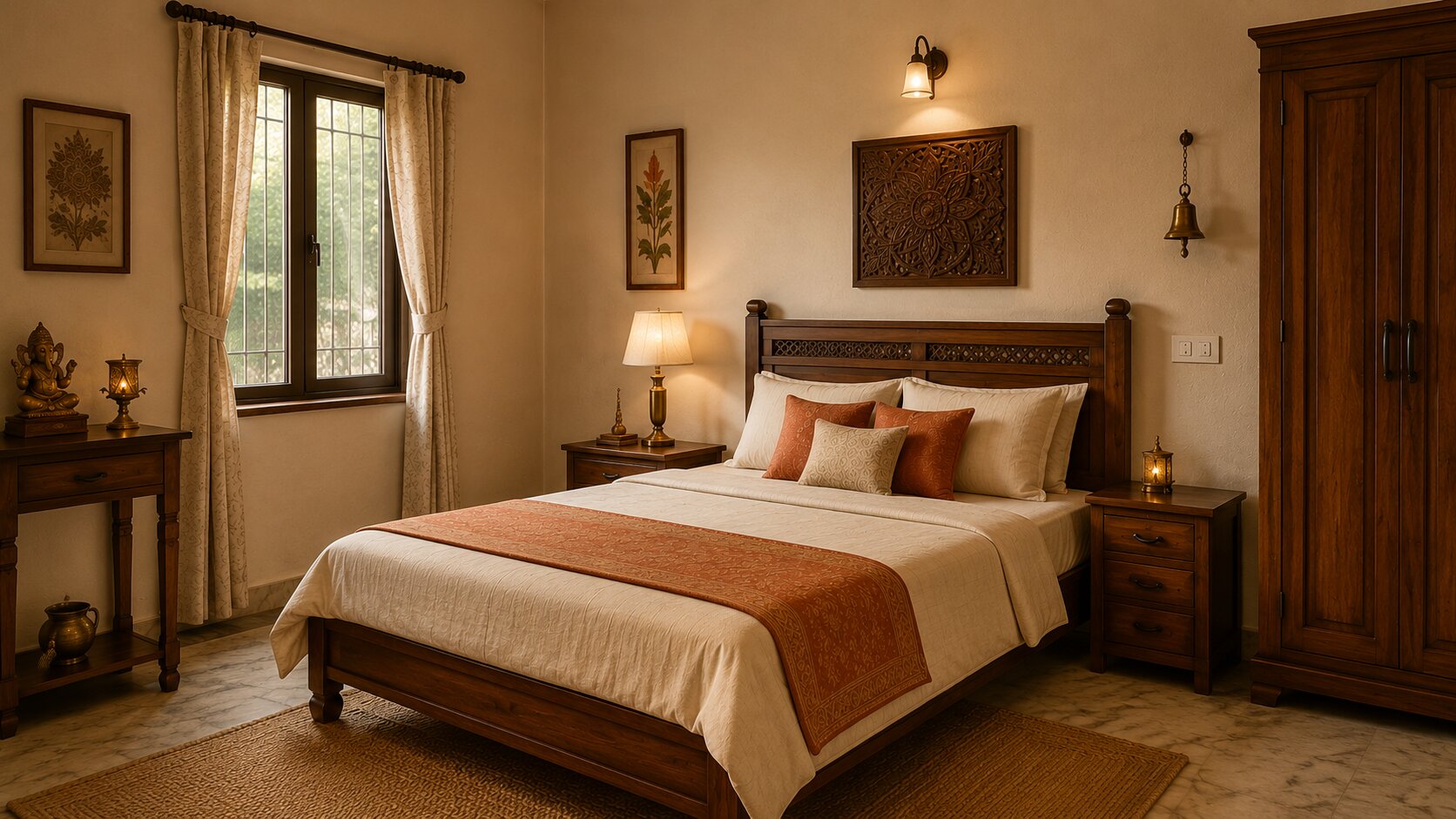 A calm, restful bedroom with the bed positioned in the southwest for Vastu balance