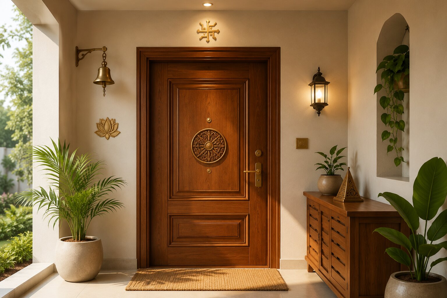 A clean, well-lit main entrance door of a home, illustrating Vastu entrance principles