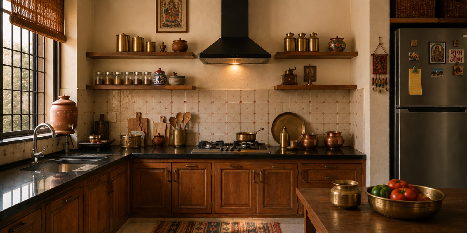 A bright, well-organized kitchen with the cooking range positioned for Vastu balance