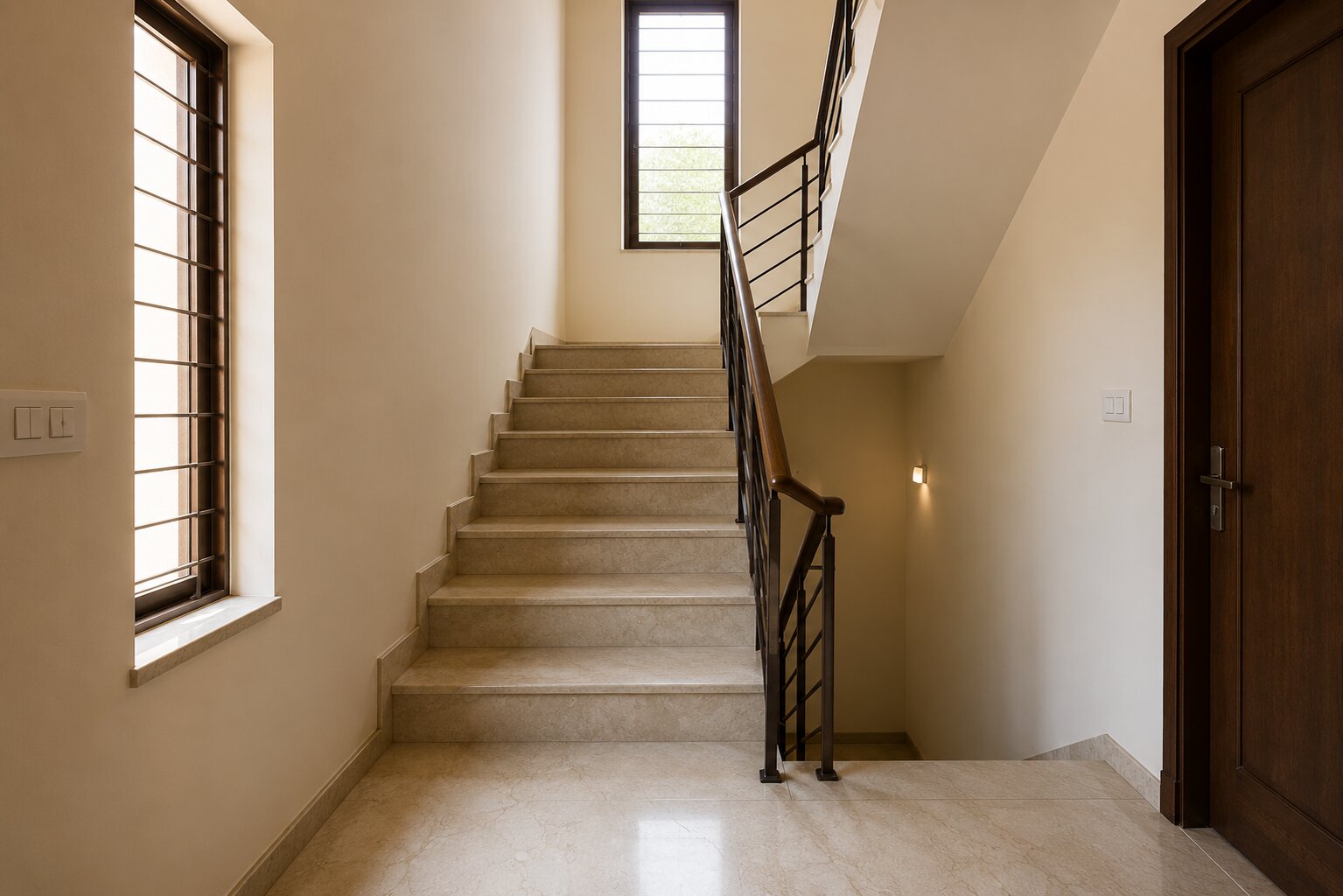 A well-lit internal staircase positioned in the southwest, following Vastu principles